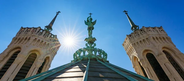 View Saint Michel Statue Top Notre Dame Fourviere Basilica Lyon — Stock Photo, Image