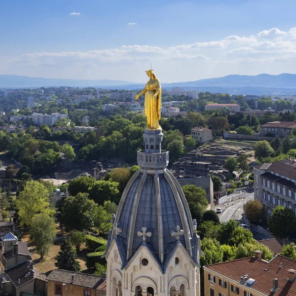 View Famous Marie Statue Top Notre Dame Fourviere Basilica Lyon — Stock Fotó