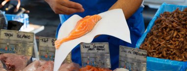 Fish stall in the market of Sanary-sur-mer, France.