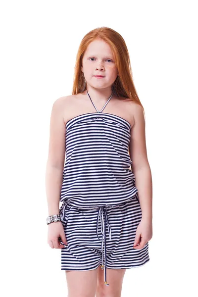 Mooie jonge elementaire leeftijd school meisje over Wit met lange — Stockfoto