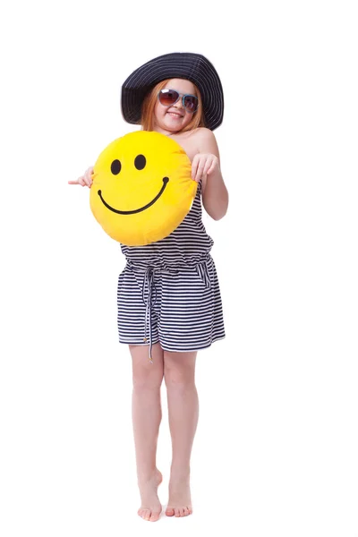 Beautiful young elementary age school girl with big yellow smile — Stock Photo, Image