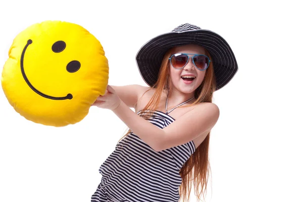 Beautiful young elementary age school girl with big yellow smile — Stock Photo, Image