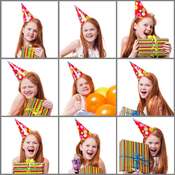 Colagem de fotos de menina feliz com caixa de presente sobre fundo branco — Fotografia de Stock