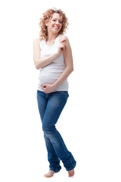 Mujer embarazada aislada sobre fondo blanco — Foto de Stock