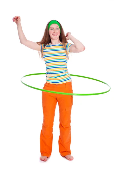 Young woman with hula hoop over white — Stock Photo, Image