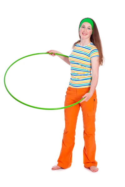 Fiatal nő, hula hoop felett fehér — Stock Fotó