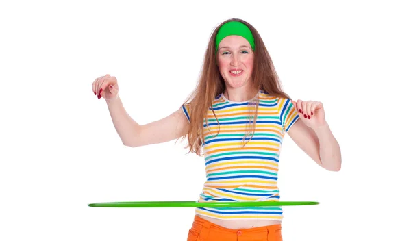 Giovane donna con hula hoop su bianco — Foto Stock