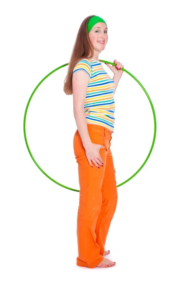 Young woman with hula hoop over white — Stock Photo, Image