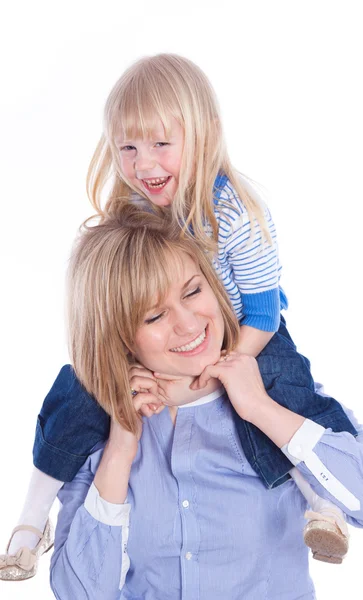 Young mother playing with daughter. On white background — Stock Photo, Image