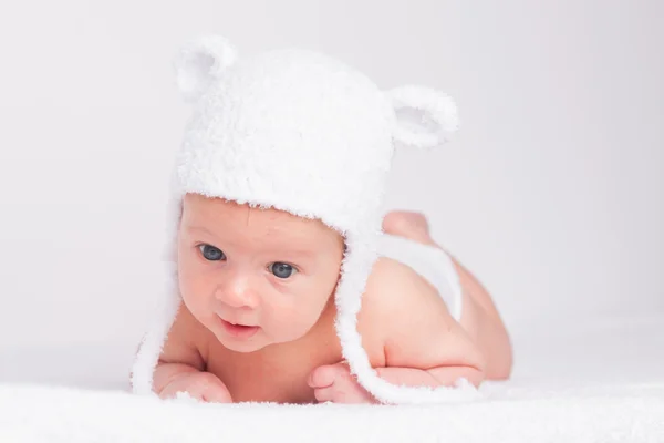 Portrait of cute little baby in a funny hat — Stock Photo, Image