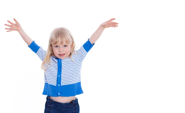 Schöne aufgeregte kleine Mädchen halten die Hände hoch glücklich isoliert auf einem — Stockfoto