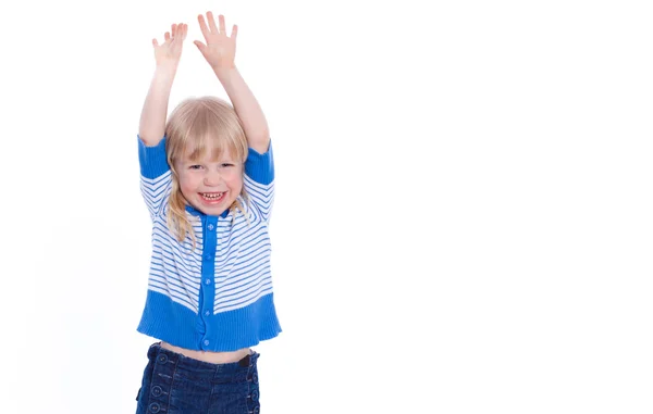 Vacker upphetsad liten flicka håller händerna upp glad isolerad på en — Stockfoto