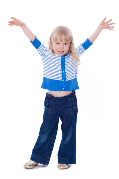 Bella eccitato bambina tenersi per mano felice isolato su un — Foto Stock