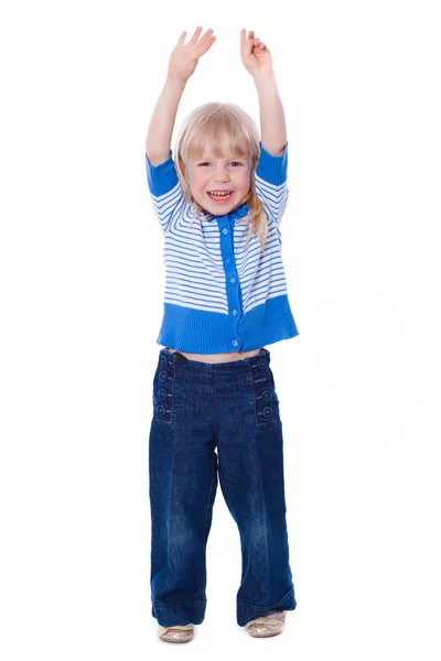 Beautiful excited little girl hold hands up happy isolated on a — Stock Photo, Image