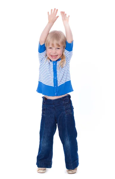 Beautiful excited little girl hold hands up happy isolated on a — Stock Photo, Image