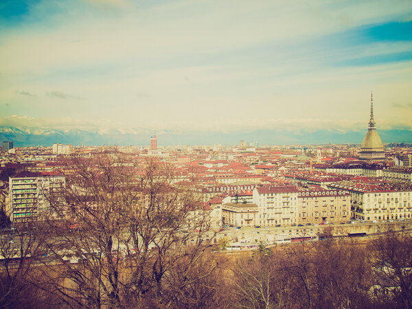 Vintage looking City of Turin (Torino) skyline panorama seen from the hill
