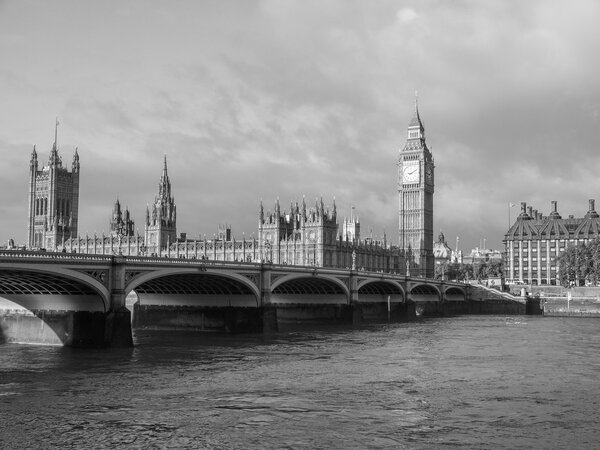 Westminster Bridge panorama with the Houses of Parliament and Big Ben in London UK in black and white
