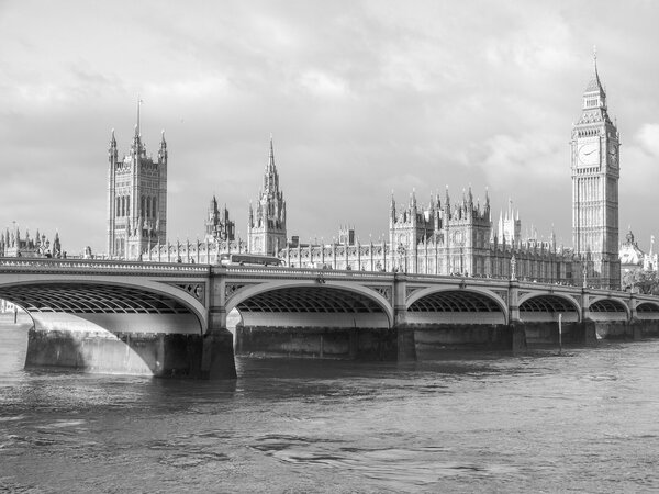 Westminster Bridge panorama with the Houses of Parliament and Big Ben in London UK in black and white