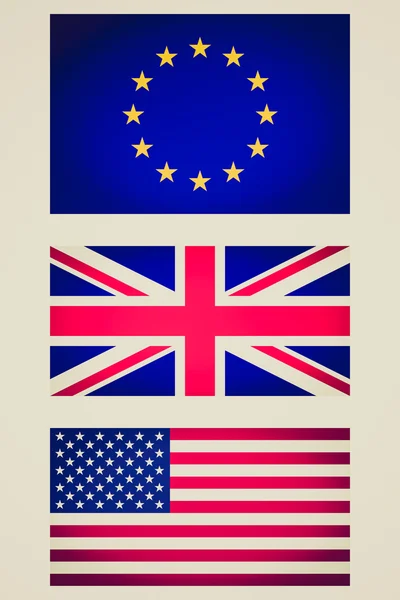 Retro look EU UK USA flag vignetted illustration — Stock Photo, Image
