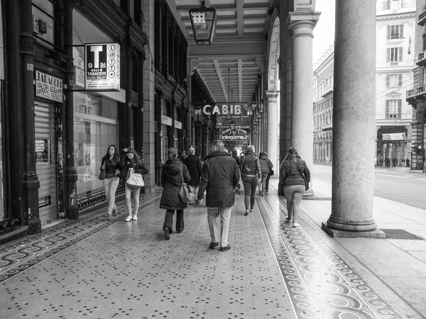 Black and white Via XX Settembre colonnade in Genoa — Stock Photo, Image