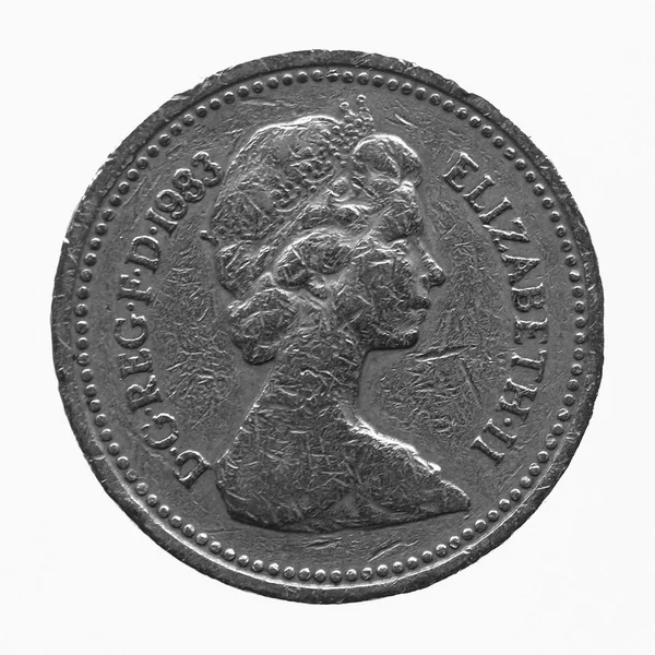 Schwarz-weiß die Königin auf einer Ein-Pfund-Münze — Stockfoto