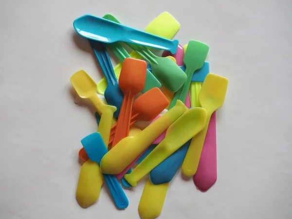 Mucchio Cucchiai Plastica Monouso Monouso — Foto Stock