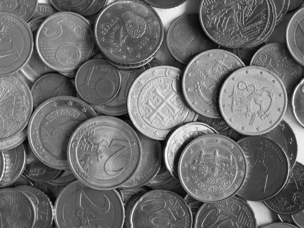 Monedas Euros Dinero Eur Moneda Unión Europea Blanco Negro —  Fotos de Stock