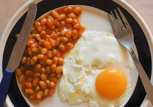 Café Manhã Vegetariano Inglês Com Feijão Assado Ovo Frito — Fotografia de Stock