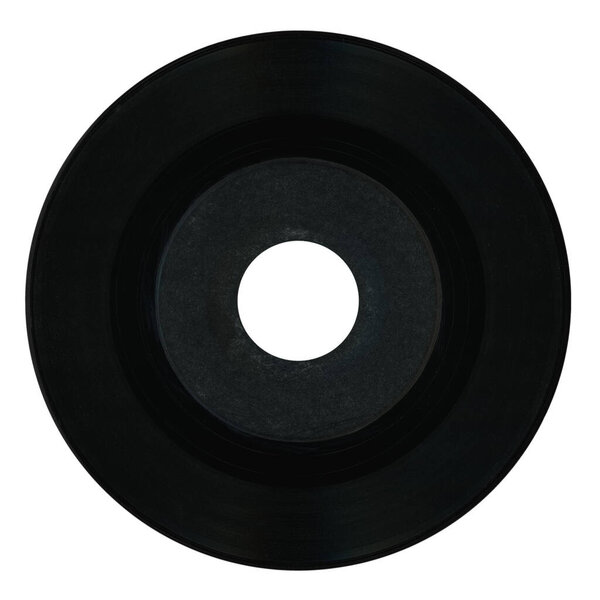 Black vinyl record vintage analog music recording medium with blank label isolated over white background