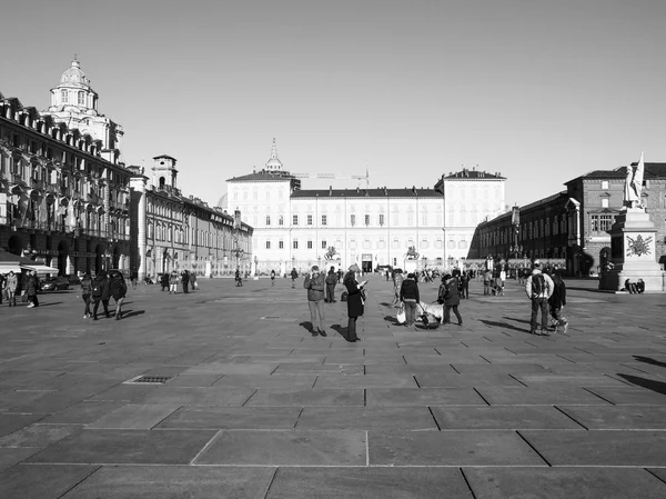 Czarno-białe piazza castello Turyn — Zdjęcie stockowe