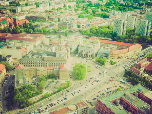 Vintage looking Aerial bird eye view of the city of Berlin Germany