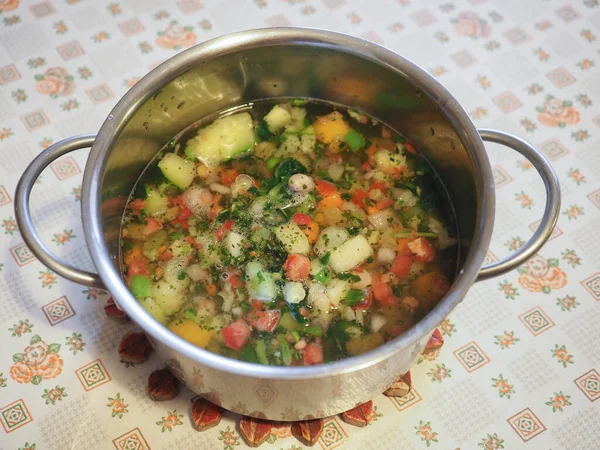 Estofado Vegetariano Minestrone Con Verduras Mixtas Incluyendo Zanahorias Frijoles Patatas — Foto de Stock