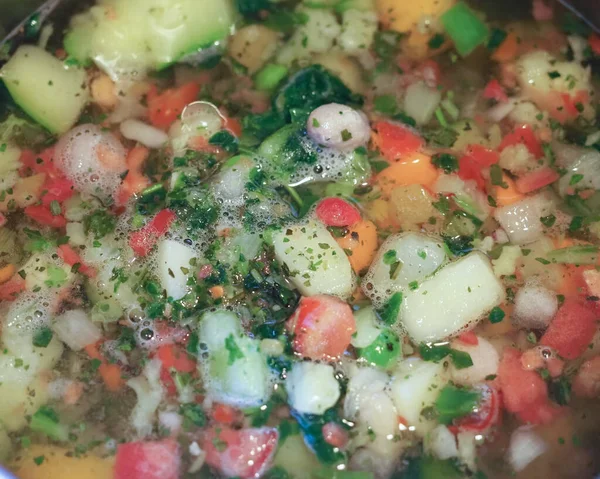 Estofado Vegetariano Minestrone Con Verduras Mixtas Incluyendo Zanahorias Frijoles Patatas — Foto de Stock