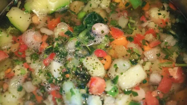 Vegetariánské Dušené Minestrone Smíšenou Zeleninou Včetně Mrkvových Fazolí Bramborový Celer — Stock fotografie