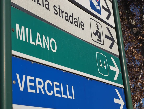 Direction Signs Milan Vercelli Northern Italy Metropolitan Police Sign Partially — Stock Photo, Image