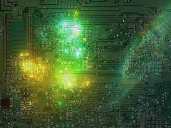 Electronic Printed Circuit Board Superimposed Galaxy Deep Sky — Stock Photo, Image