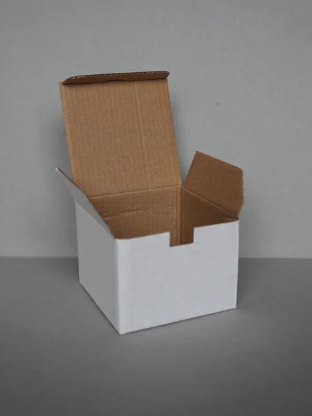 Empty Cardboard Box Front Grey Wall — Stock Photo, Image