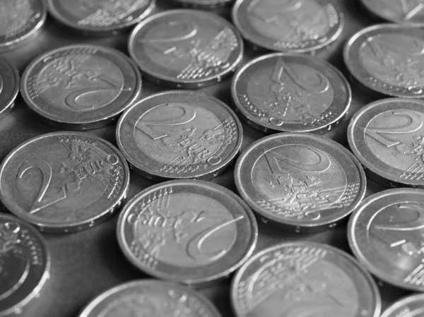 Dos Monedas Euros Dinero Eur Moneda Unión Europea Blanco Negro —  Fotos de Stock