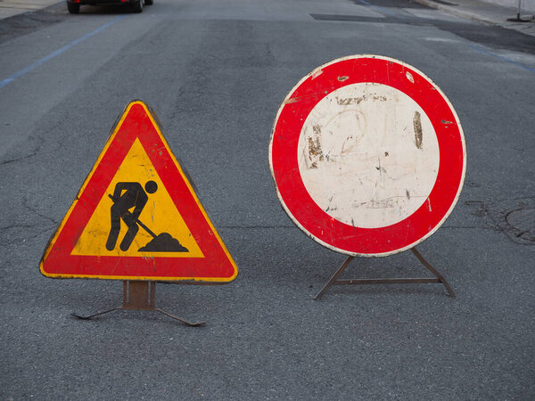 road works and no vehicles traffic sign