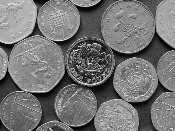 Monete Sterline Gbp Valuta Del Regno Unito Sfondo Nero Bianco — Foto Stock
