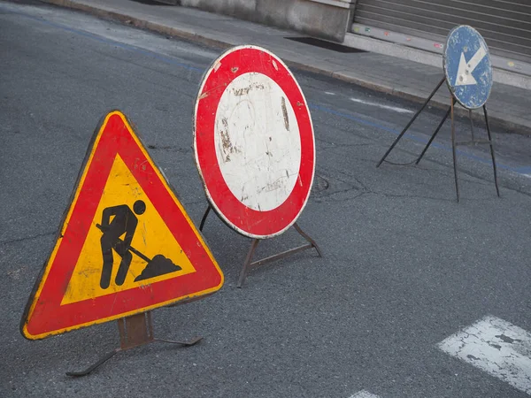 Road Works Vehicles Traffic Sign — Stock Photo, Image