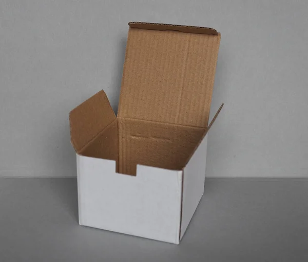 Empty Cardboard Box Front Grey Wall — Stock Photo, Image