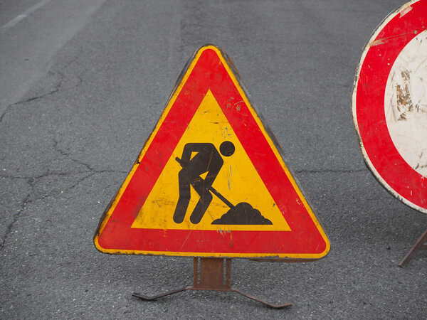 Warning signs, temporary road works traffic sign