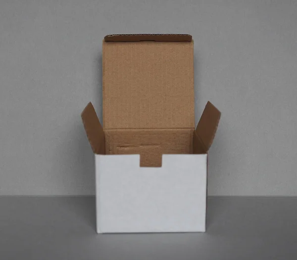 Empty Cardboard Box Front Grey Wall — Stock Photo, Image