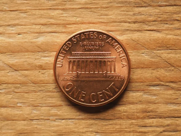 One Cent Coin Reverse Side Showing Lincoln Memorial Currency United — Stock Photo, Image