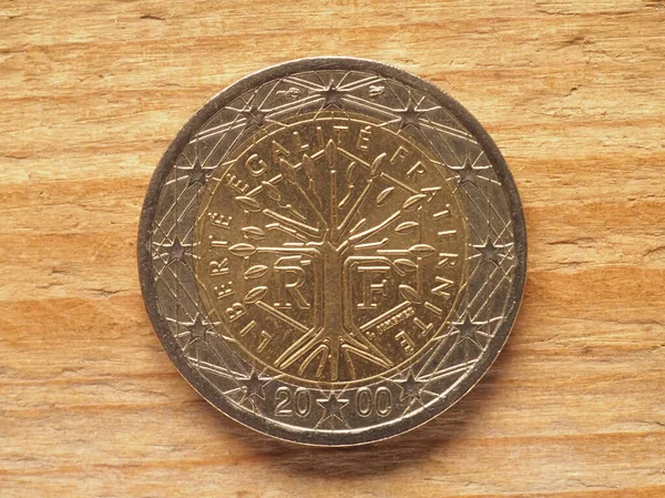 Two Euro Coin French Side Showing Tree Framed Hexagon Currency — Stock Photo, Image