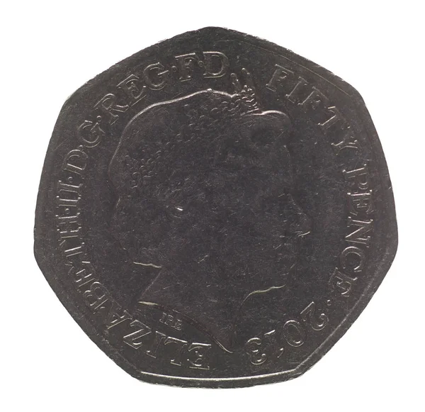 Circa 2022年3月 20便士硬币正面展示了英国女王伊丽莎白二世的肖像 英国货币在白色背景下被分离出来 — 图库照片