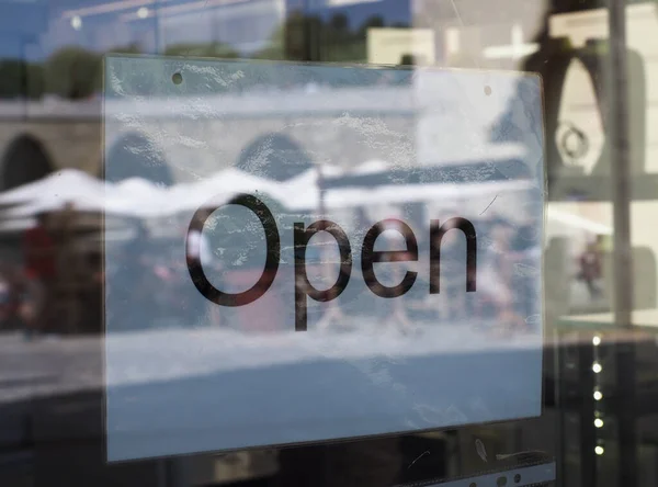 Open Sign Shop Window Glass Reflection — Foto de Stock