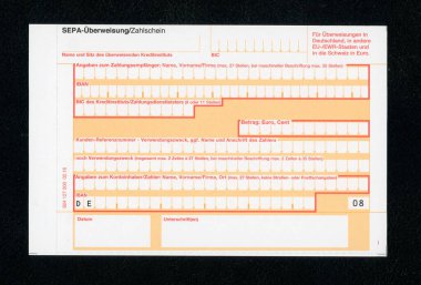 BERLİN, GERMANY - CIRCA HAZİRAN 2022: SEPA Ueberweisung Zahlschein için boş Almanca form, çeviri Tek Avrupa Ödeme Alanı Transfer