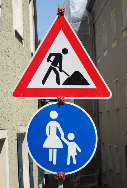 Warning Signs Road Works Pedestrian Area Traffic Sign — Foto Stock